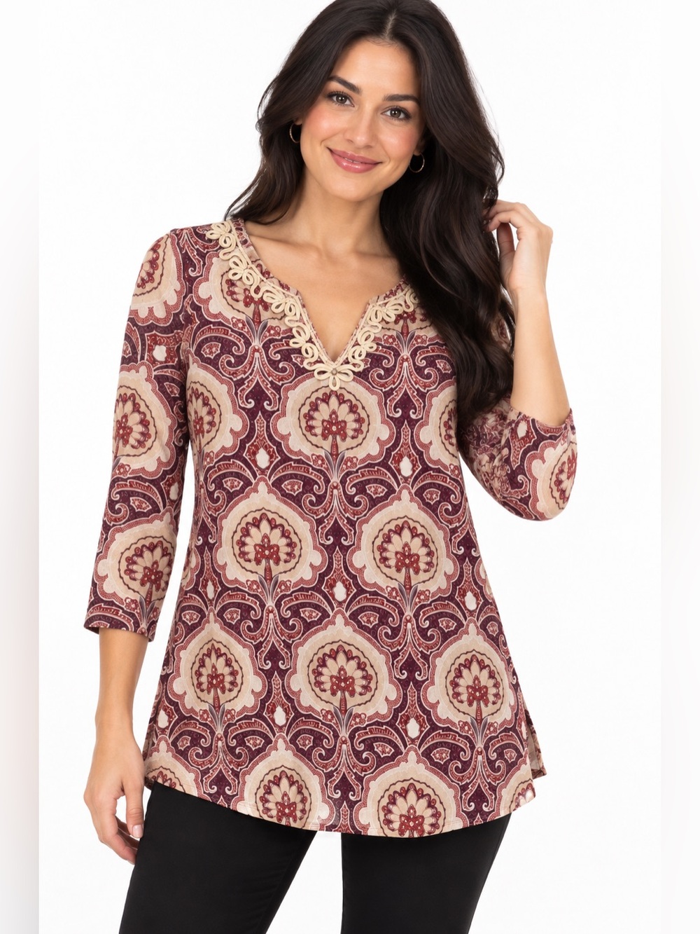 INC International Concepts Burgundy and Cream Paisley V-Neck Tunic